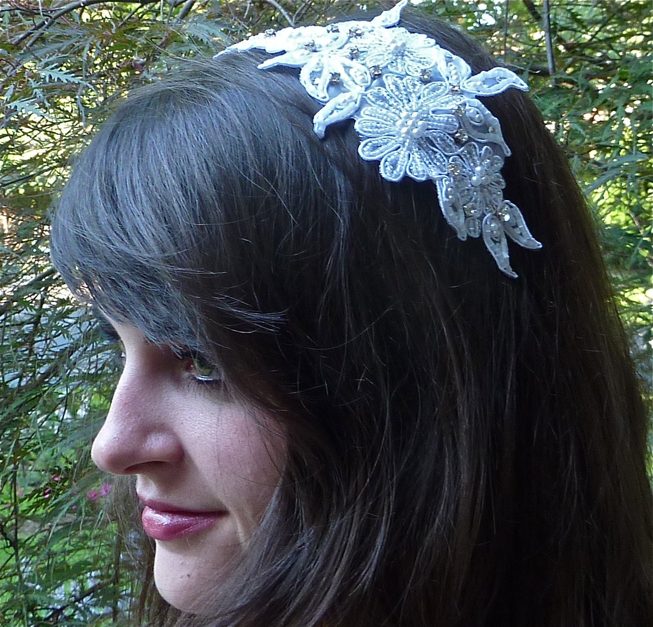 White Bridal Lace Rhinestone Headpiece Handmade for Women by Jill's Boutique