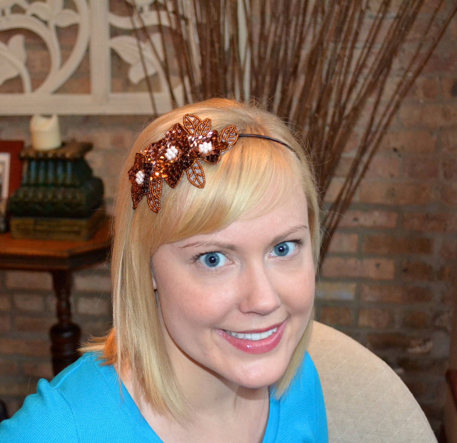 Copper Brown Metallic Beaded Sequin Flower Headband for women and teens by Jill's Boutique