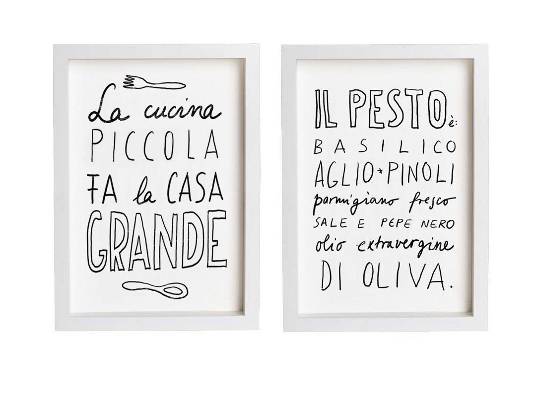 Italy PESTO and LA CUCINA Print Set 11"x15", Hand-lettered typography art italian kitchen italy quote - archival fine art giclée prints