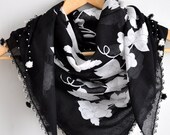 Black  Fabric Scarf with Organza Rose Embellishments and Turkish Lace neckwarmer, cowl, necktie