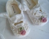 Organic Ballet Shoes,Baby Girl Shoes,Flower Girl Shoes, Hemp Satin, Ivory Lace, Bobka Shoes,Georgianna Darcy Ballet Shoe by BobkaBaby