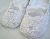 Bridal Shoes Flats, Wedding Ballet Shoes, White Crystal Ballet Flats, Lace,Custom Made By BobkaBaby