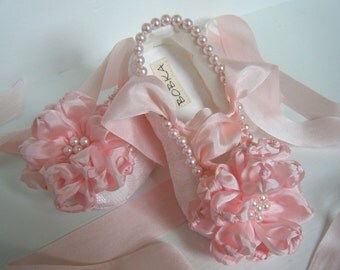 Pink Ballet Flats, Toddler Shoes, Girl Shoes, Pearls, 'Blossom', Ballet Shoes, Bobka Shoes by BobkaBaby