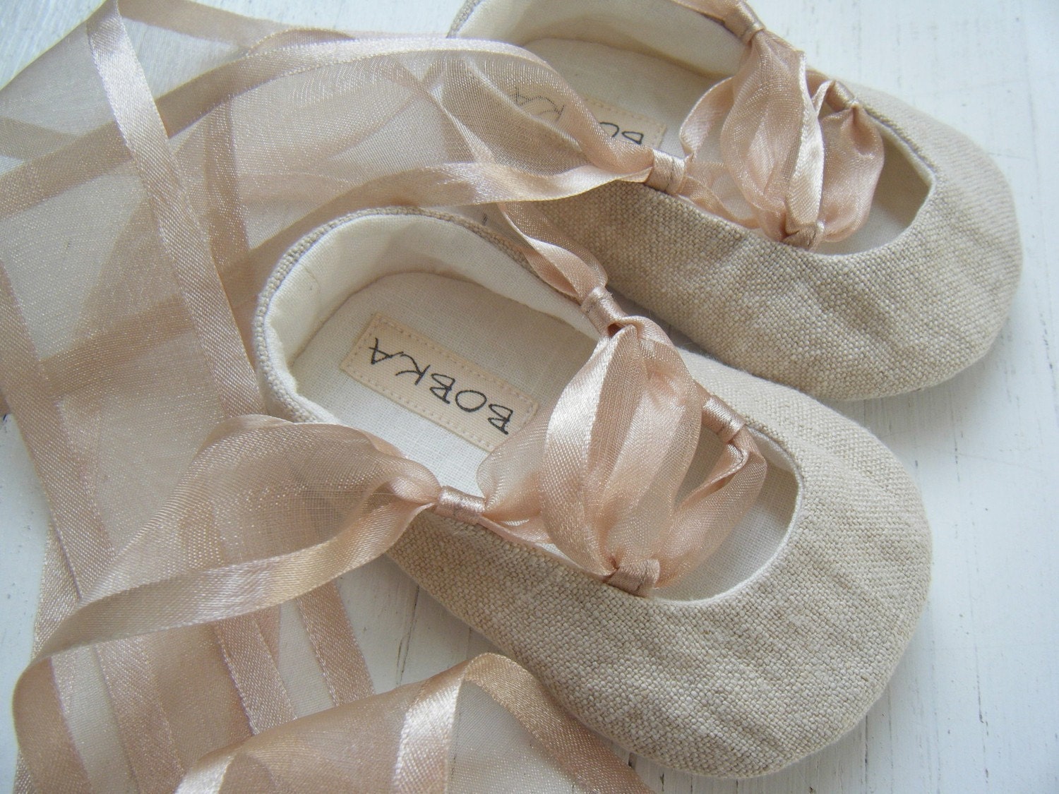 Organic Baby Ballet Shoes, Khaki Beige Hemp Linen, Natural Baby Girl , Toddler Flats, Bobka Shoes by BobkaBaby