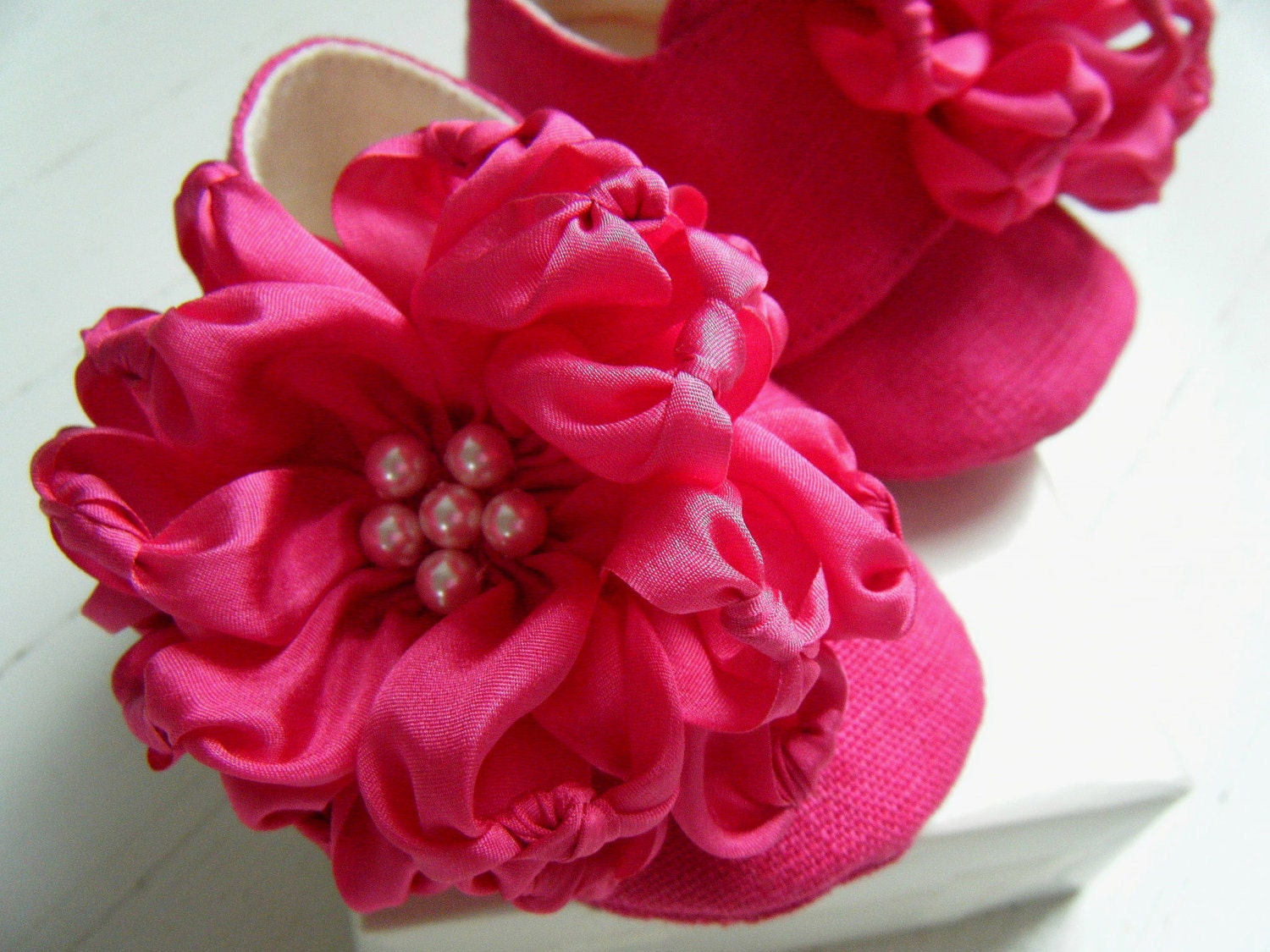 Organic Baby Shoes, Toddler Flats, Lipstick Pink, Silk Flower, Hemp Linen, Bobka Shoes by BobkaBaby