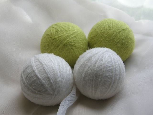 X-Large Felted Wool Dryer Balls--4--Lime Green and Winter White--Wool Core