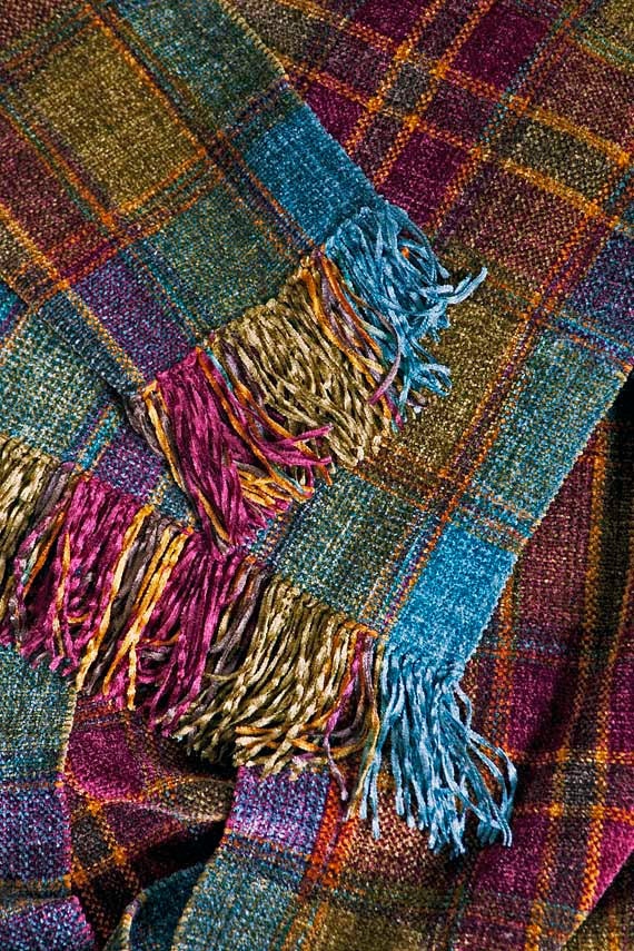 Hand Woven Jewel Toned Chenille Scarf, Handwoven Plaid Scarf