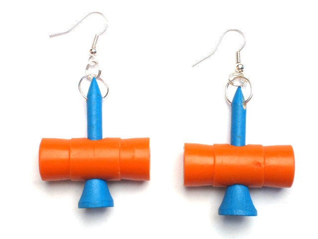 HYPERCLASH Earrings Golf Tee & Plastic Toy Part Neon Orange Blue Wood Handmade Repurposed Upcycled Recycled Reclaimed Eco Friendly Accessory