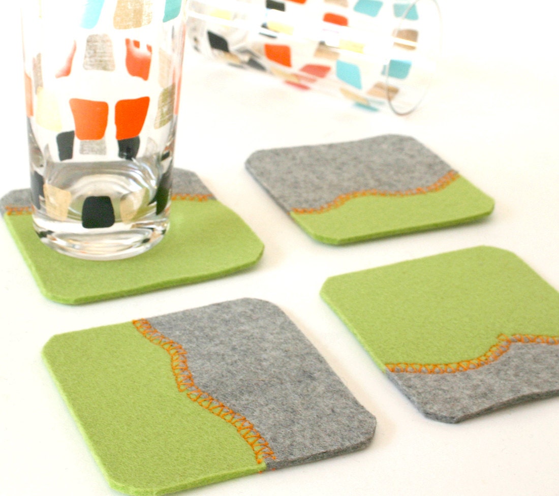 Felt Coasters in Green and Gray Merino Wool with Orange Top-Stitching