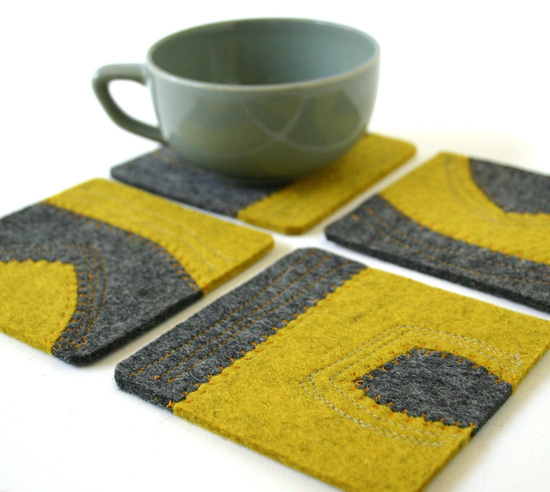 Felt Coasters in Mustard and Charcoal Merino Wool with Yellow and Gray Top-Stitching