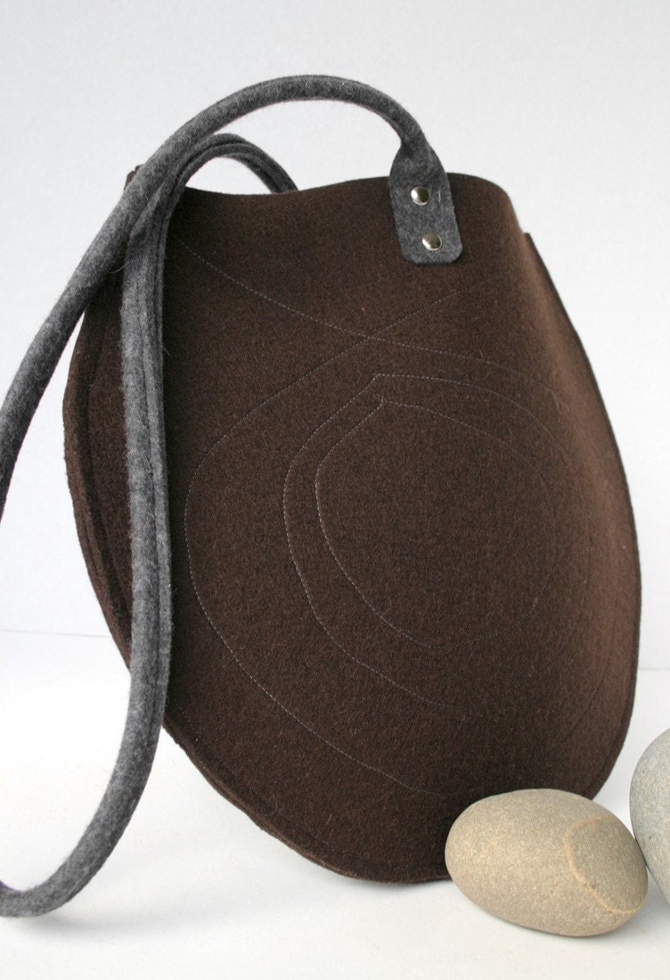 Chocolate Brown and Gray Round Wool Felt Purse