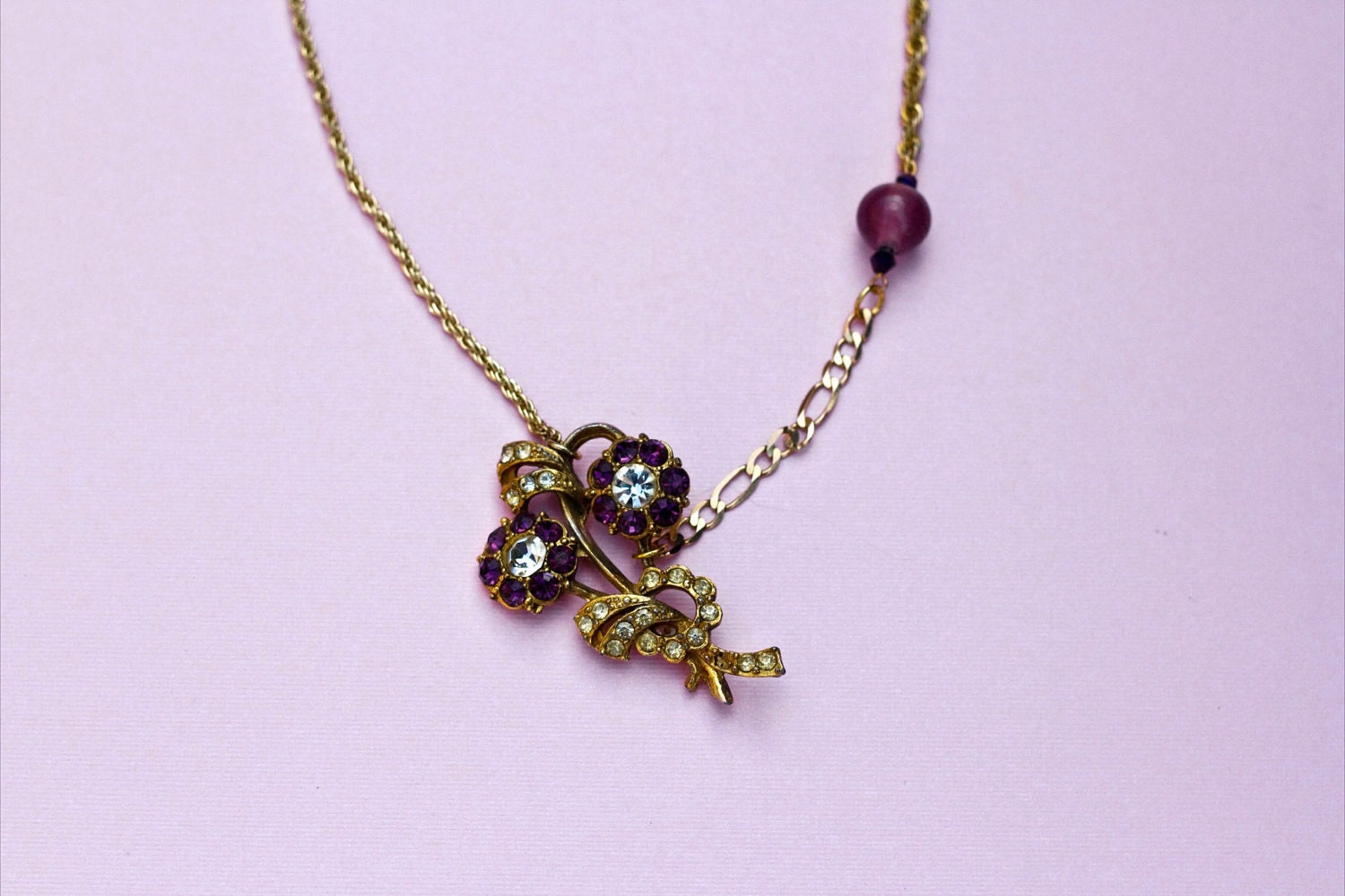 Purple Flower Necklace, Vintage Pendant necklace