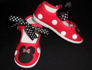 Minnie Mouse Hand Painted Red Mary Jane Shoes with Black Polka Dot Ribbon