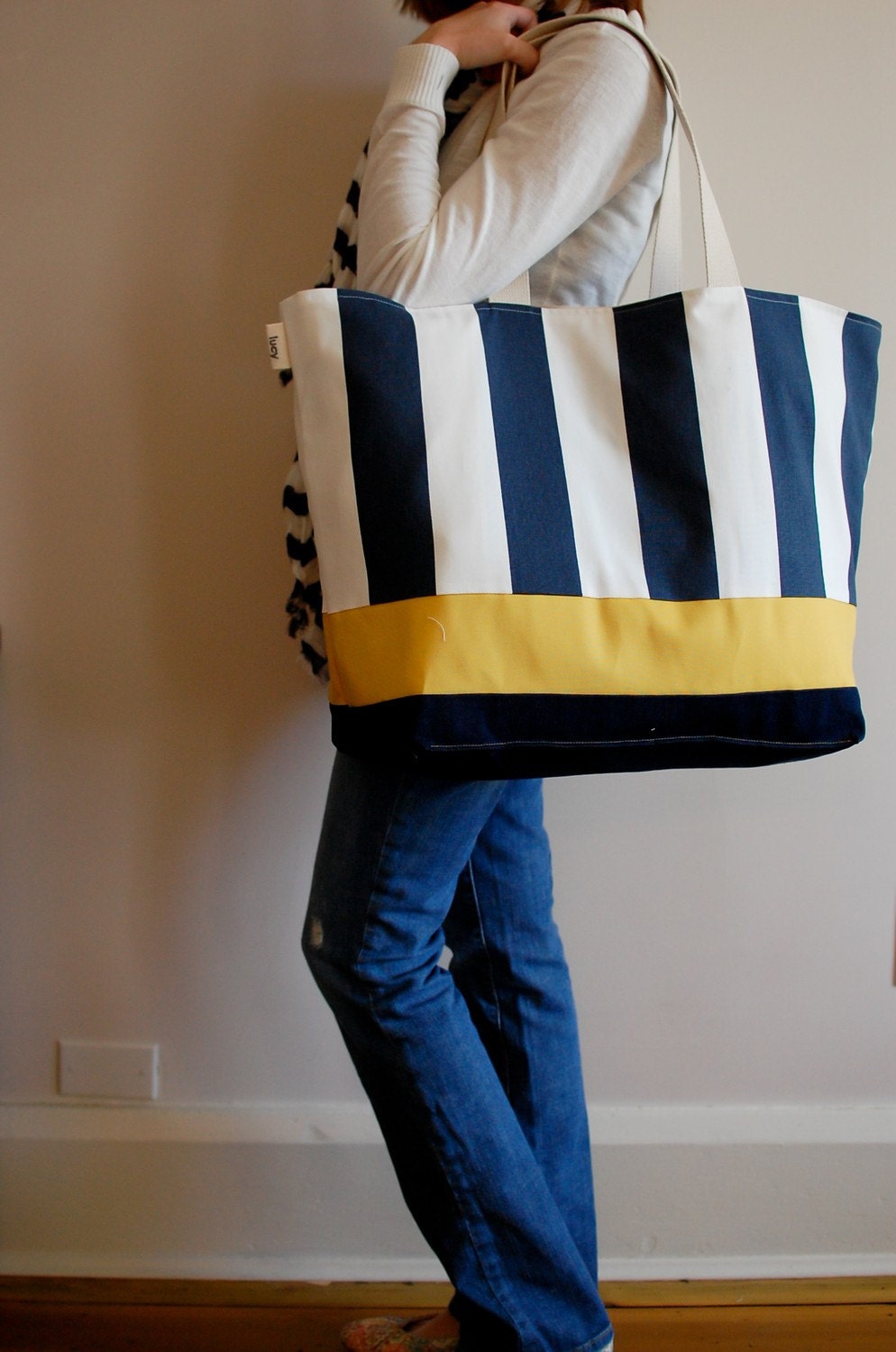 EXTRA Large Beach Bag // Tote in Navy and Cream Stripes with a Pinch of Yellow