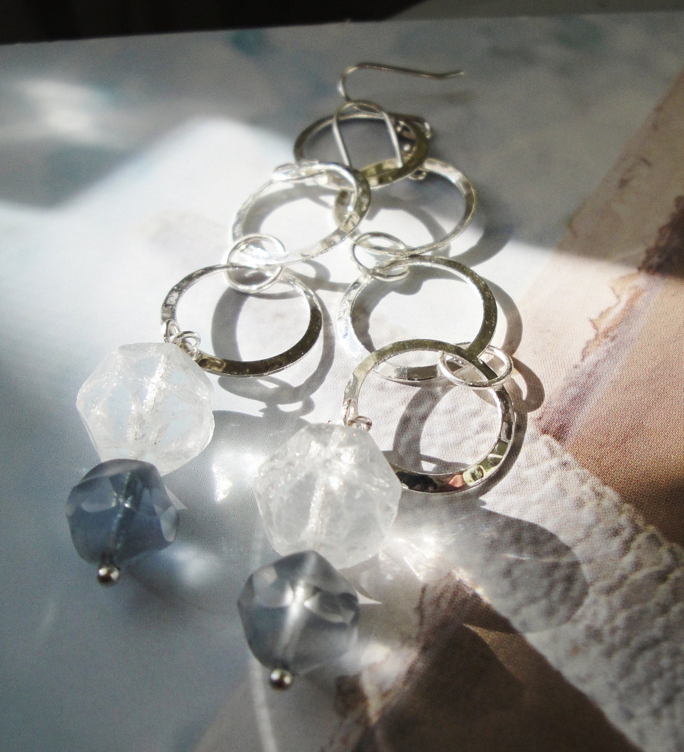Rain Drops Frosted Czech Glass Bead and Silver Hammered Ring Earrings