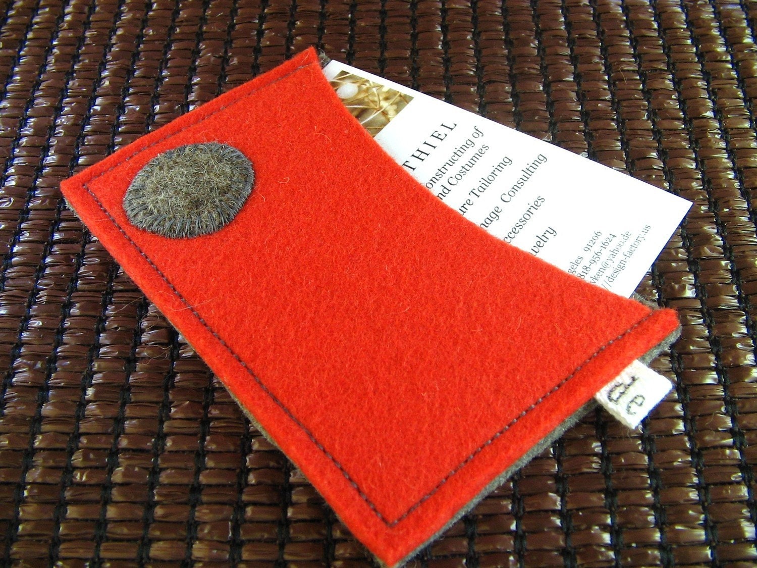 Sassy Wool Felt Business Card Holder-Credit card case- Wallet. Handmade. Eco Friendly. Grey  Red with Circle Applique - Retro Design