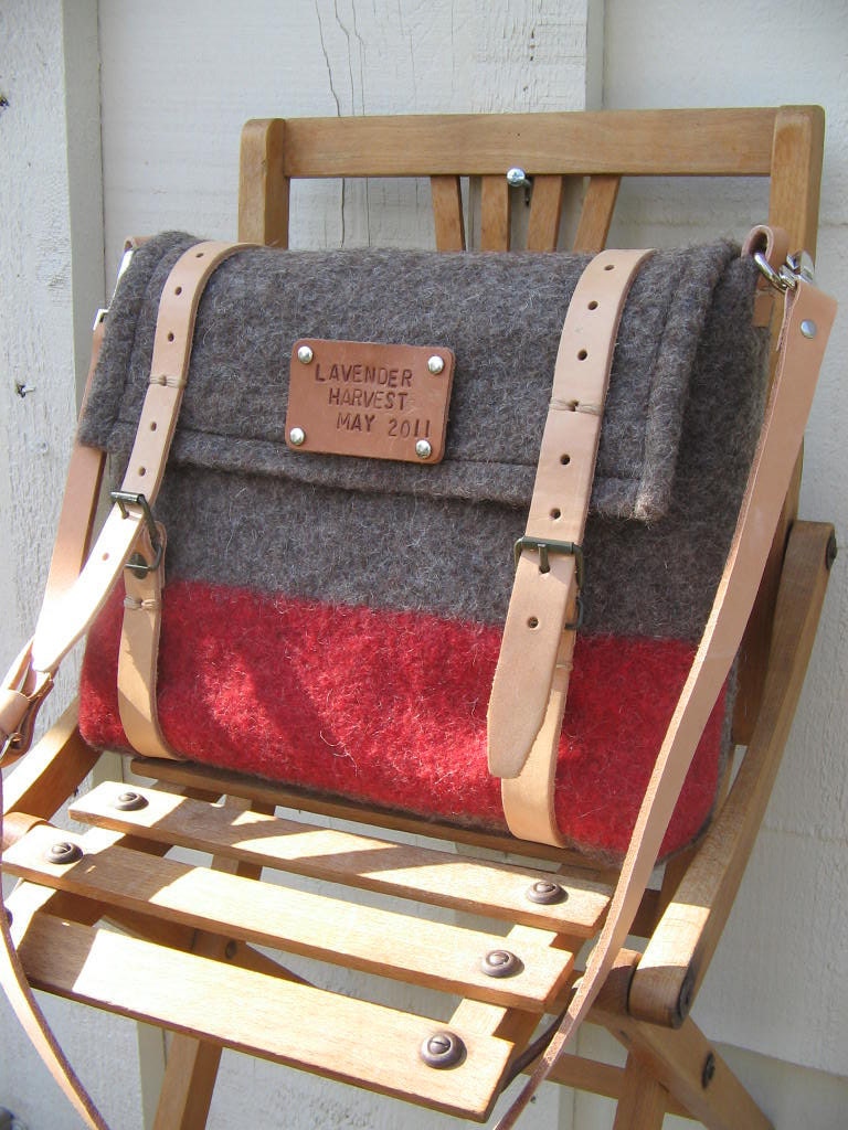 Swiss Army iPad Messenger Bag- Cross Body Travel Bag-Wool-Leather-Personalized-Taupe-Gray-Red stripe