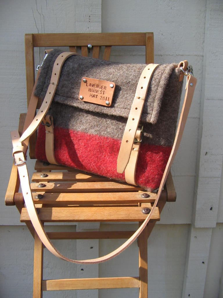 Swiss Army iPad Messenger Bag- Cross Body Travel Bag-Wool-Leather-Personalized-Taupe-Gray-Red stripe