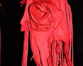 showdiva designs Asymmetrical ReD Leather Medicine Bag Purse Necklace LoNg FriNgE n Hand Sculpted Flower
