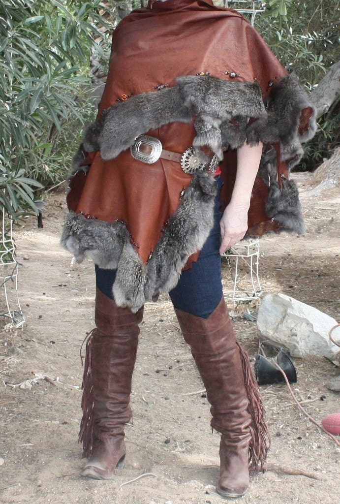 showdiva designs Leather Cape trimmed with Rabbit and Glass Beads