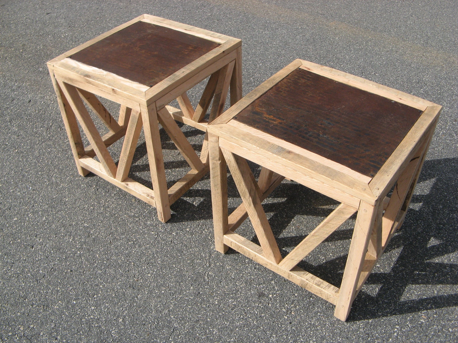 End Tables/Set of 2 Reclaimed Wood w/ Rusted Steel Tops- Ready to Ship
