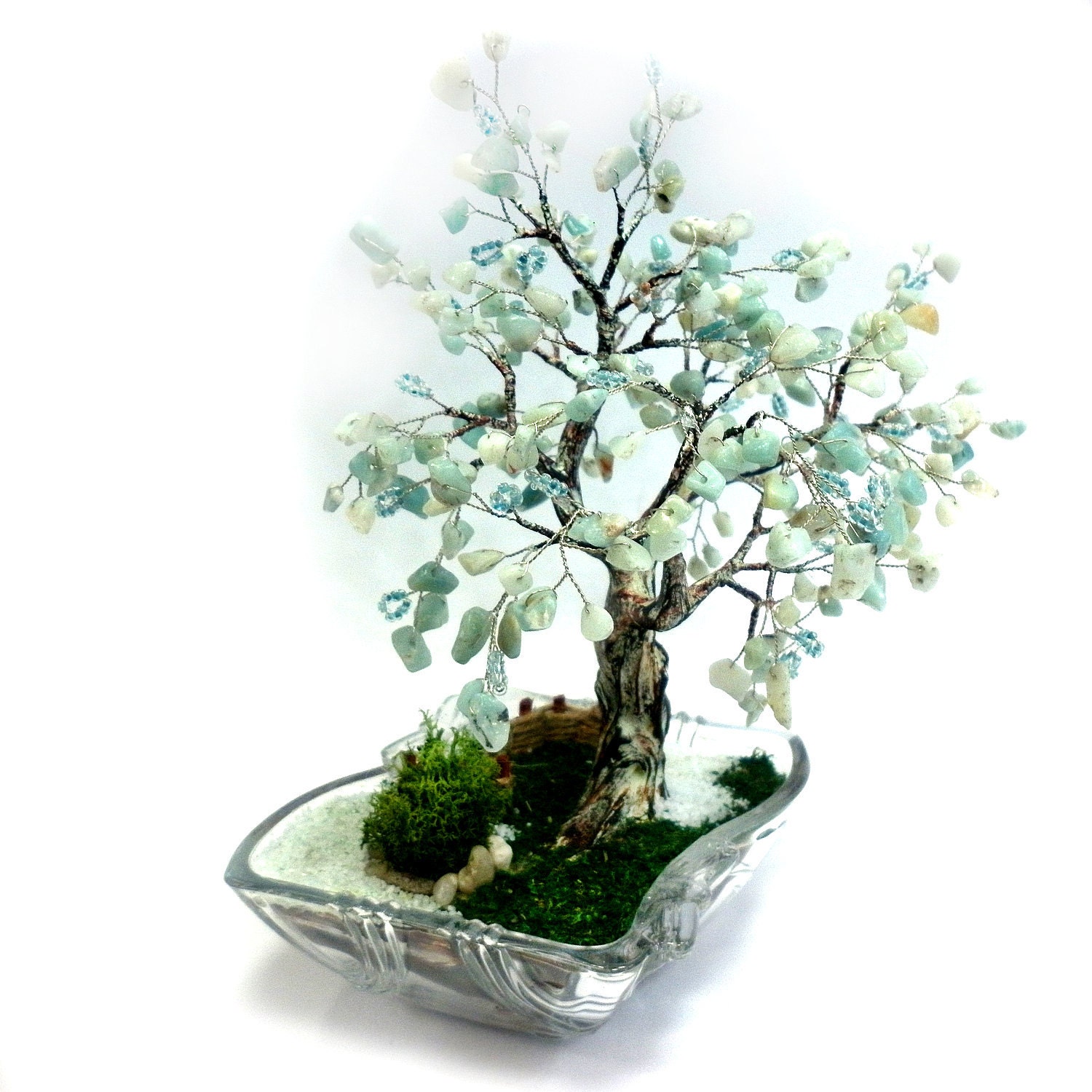 Hand Made Tree of Life with Natural Gemstones Aquamatrine and Light Blue Sead Beeds Home Decor, Office Decor Perfect Gift OOAK Made To Order - MKrisArt