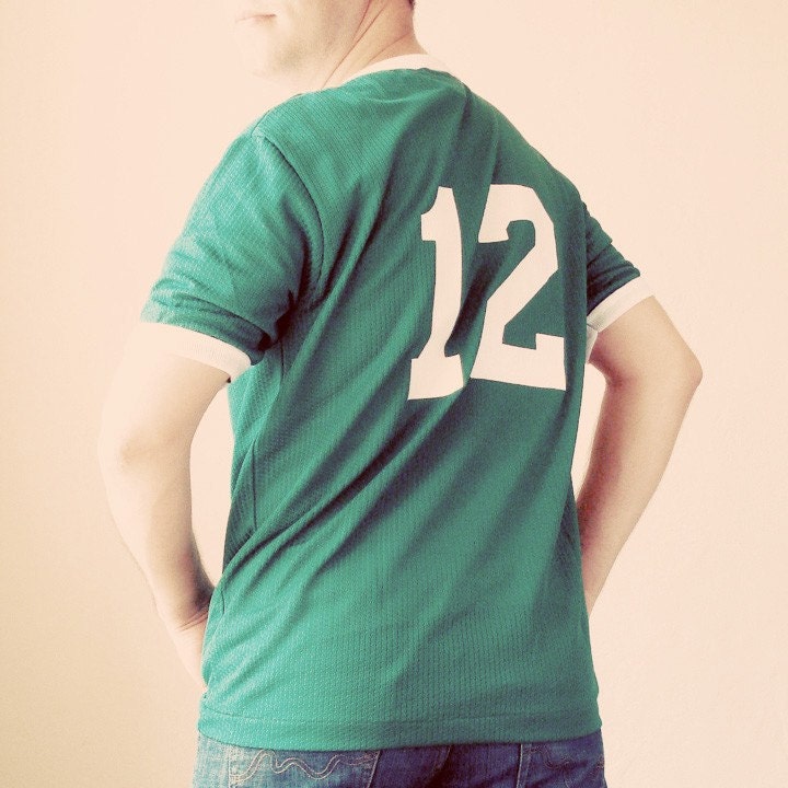 Green vintage athletic shirt with number 12, mens, large