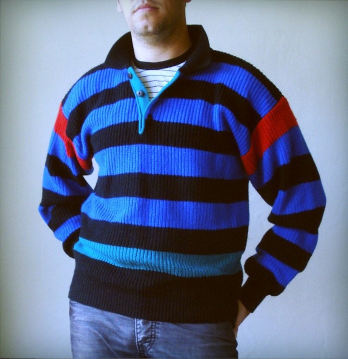 Blue vintage striped 80s sweater, pullover, William John, mens medium, unisex