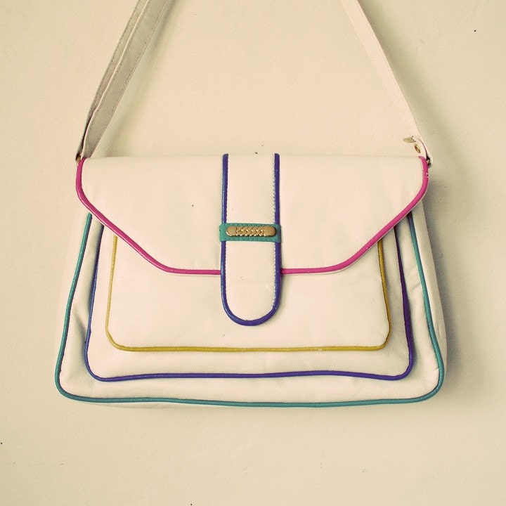 Vintage white vinyl purse with gold and colored details, handbag