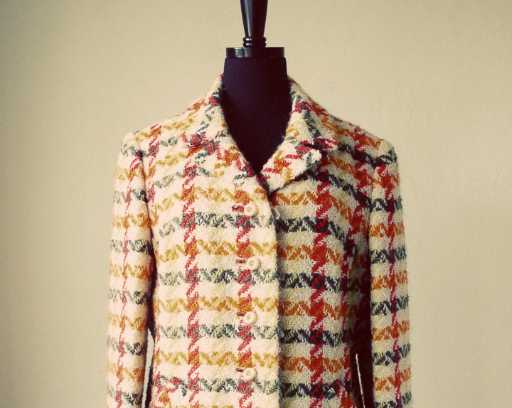 PRICE REDUCED - Red, orange, gray plaid wool overcoat, womens, Lenore Zapoleon, womens