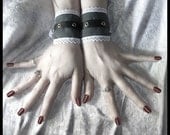 Captive Elegance Wrist Cuffs - Dark Grey Suiting w/ Black Faux Leather & White Lace - Lolita Wedding Bellydance Dark Fusion Belly Dance Chic