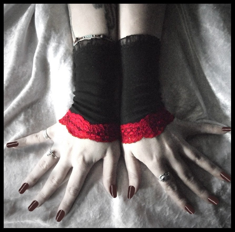 Nocturne Fingerless Gloves - Black - Blood Red Wine Lace - Vampire Gothic Steampunk Belly Dance Victorian Noir Wedding Bohemian Dark Tribal