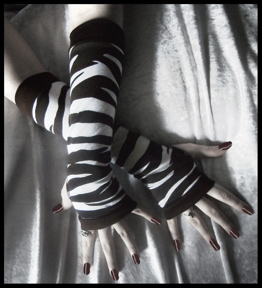 Stampede on the Plains Arm Warmers - White Ivory Espresso Brown Zebra Striped Cotton - Gothic Bellydance Bohemian Yoga Light Goth Cycling