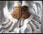 Tupelo Honey Velvet Fingerless Gloves - Brown Golden Tan Faux Lace - Ivory - Victorian Gothic Dark Tribal Bellydance Wedding Vampire Goth