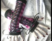 Cheshire Grin Gothic Lolita Corset Style Arm Warmers - Mauvey Purple & Pink Stripes Laced Up - Black Ribbon - Belly Dance Goth Victorian Emo