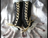 Time Traveler's Daughter Victorian Corset Laced Up Arm Warmers - Brown Pinstriped Velvet Ivory Lace & Pale Gold - Steampunk Vampire Wedding