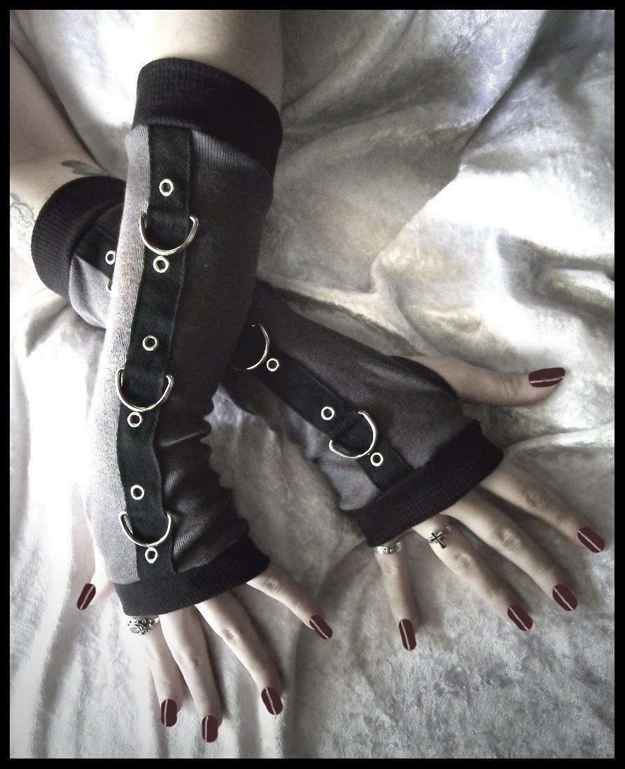 Legion Gothic Unisex Bondage Arm Warmers - Charcoal Grey & Black w/ Silver Metal D Rings - Goth Visual Fetish Cyber Dark Fusion Bellydance