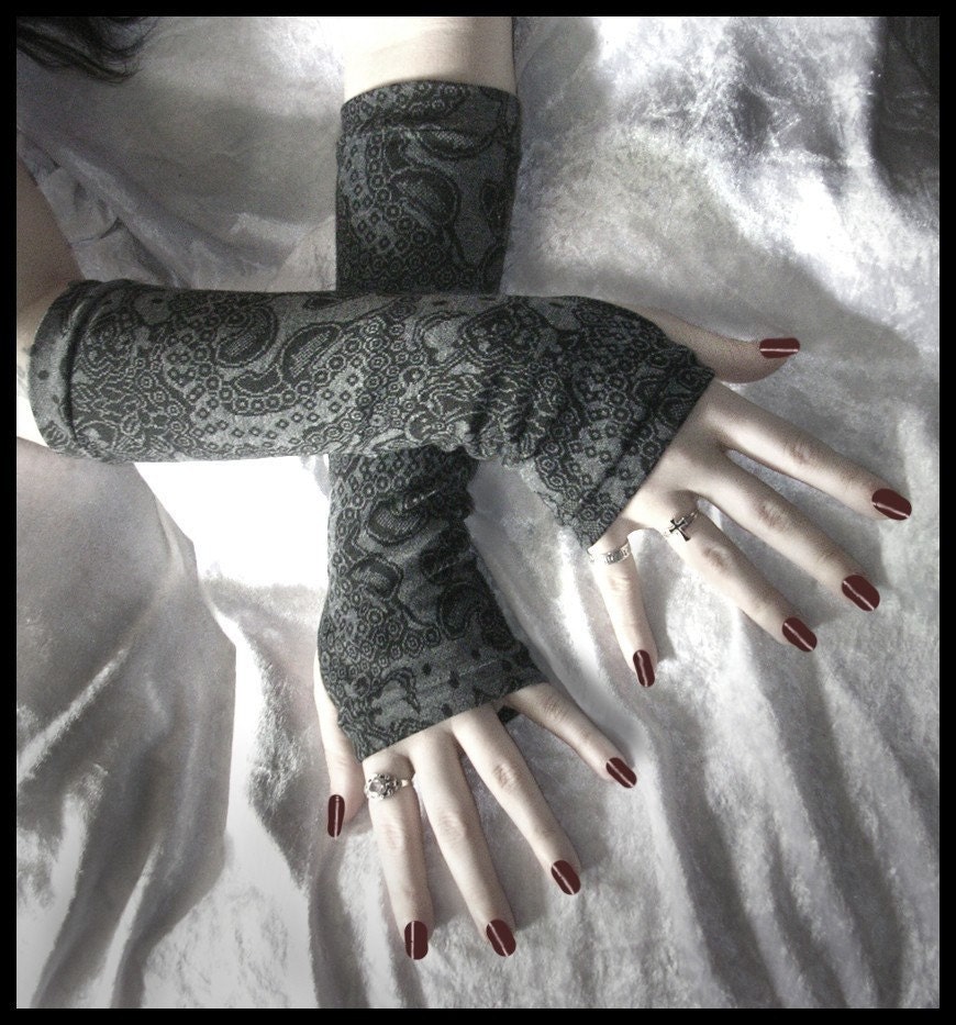 Shadow Time Arm Warmers - Charcoal Grey - Black Faux Lace Paisley - Gothic Victorian Goth Dark Tribal Bellydance Vampire Yoga Gypsy Emo
