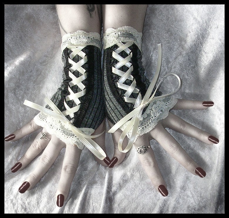 Vision of Veronica Victorian Fingerless Gloves Corset Laced Up in Dark Grey w/ Black Pinstripes & Lace - Vampire Belly Dance Romantic Lolita