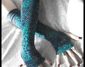 Plume de Lune Arm Warmers - Blue Black w/ Teal Peacock Feather Soft Modal - Yoga Gothic Dark Tribal Goth Classic Gypsy Light Cycling Hooping