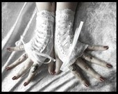 Anja Victorian Corset Laced Up Fingerless Gloves - Elegant White Floral Lace & Ribbon - Vampire Gothic Regency Fairy Hime Bridal Alice Goth