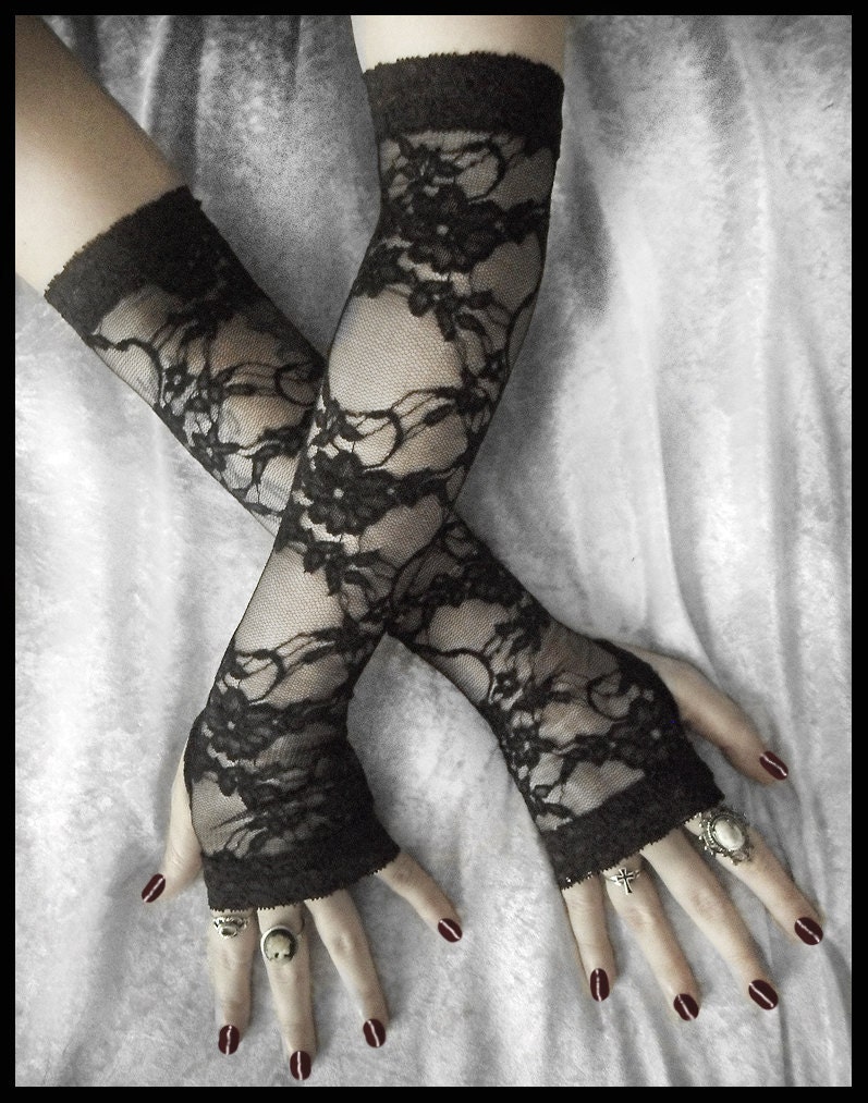 Isabel Lace Extra Long Arm Warmers - Black Floral & Scroll on Sheer - Belly Dance Vampire Bohemian Tribal Wedding Pixie Fetish Burlesque Emo