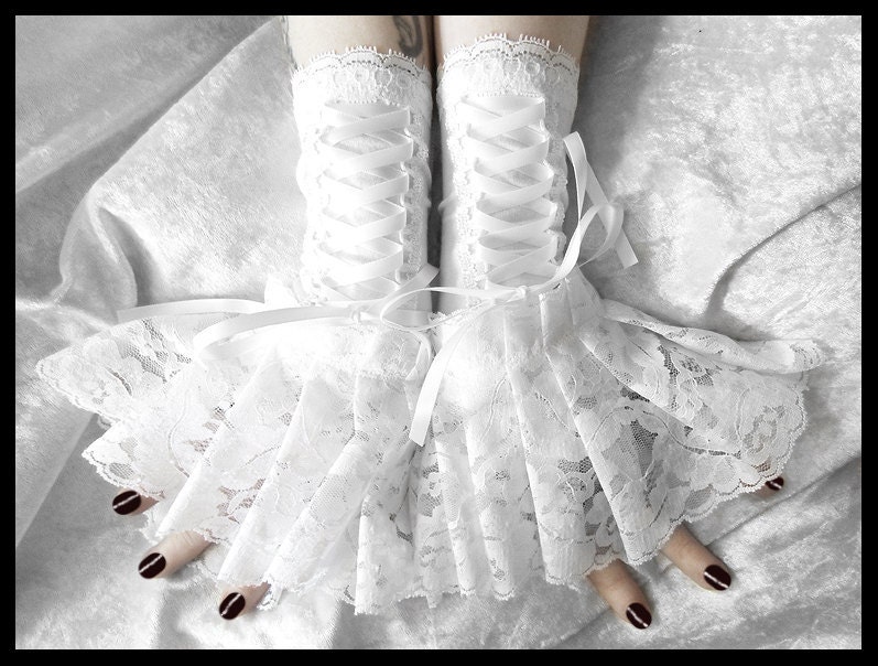 Imbolc Corset Laced Up Fingerless Glove Wrist Cuffs - White Lace & Ribbon - Lolita Rococo Fusion Bellydance Regency Aristocrat Bridal