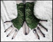 Arwen Lace Fingerless Gloves - Deep Fern Army Green Floral - Gothic Vampire Lolita Wedding Fetish Dark Tribal Goth Gypsy Moss Olive Hunter