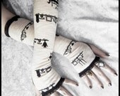 Needful Things Lolita Arm Warmers - Antique Ivory Cream - Black Victorian Candelabra Birdcage - Gothic Bellydance Vampire Yoga Dark Goth