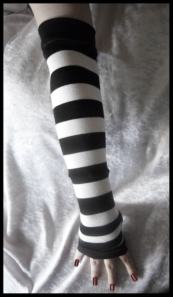 Coma White Arm Warmers - Black & White Striped Cotton - Belly Dance Bellydance Chic Classic Emo Vampire Gypsy Romantic Yoga Light Hooping