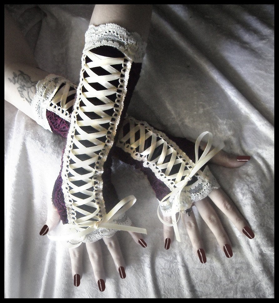 Of Mist And Midnight Skies Victorian Corset Laced Up Arm Warmers - Black Velvet - Deep Plum Maroon Lace - Ribbon - Vampire Gothic Wedding