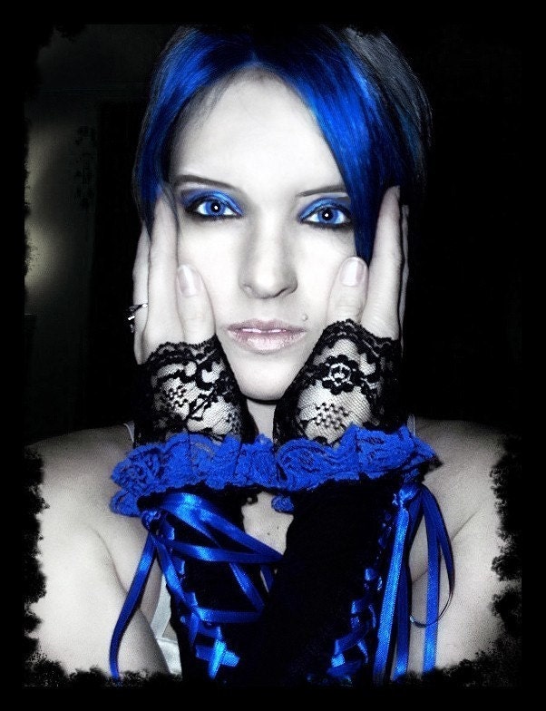 Shadow and Mirth Corset Laced Up Arm Warmers - Black - Bright Royal Blue Ribbon & Ruffled Lace - Lolita Vampire Wedding Dark Emo Rococo EGL