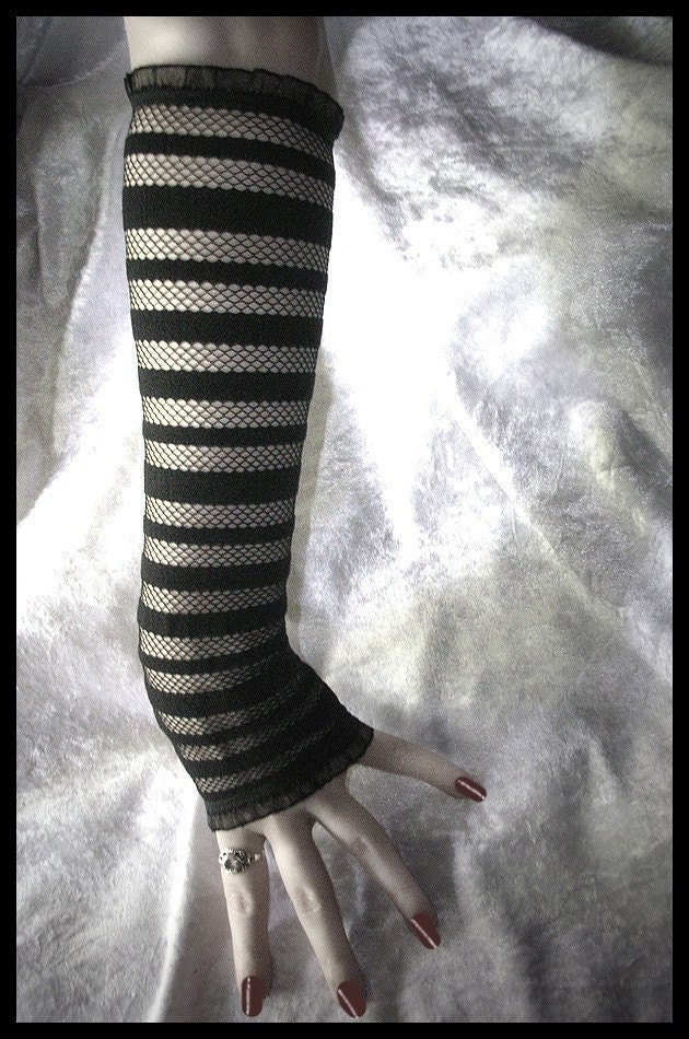 Jezabel Jane Lace Arm Warmers - Black Fishnet w/ Opaque Stripes - Vampire Lolita Belly Dance Dark Tribal Fusion Bellydance Burlesque Caberet