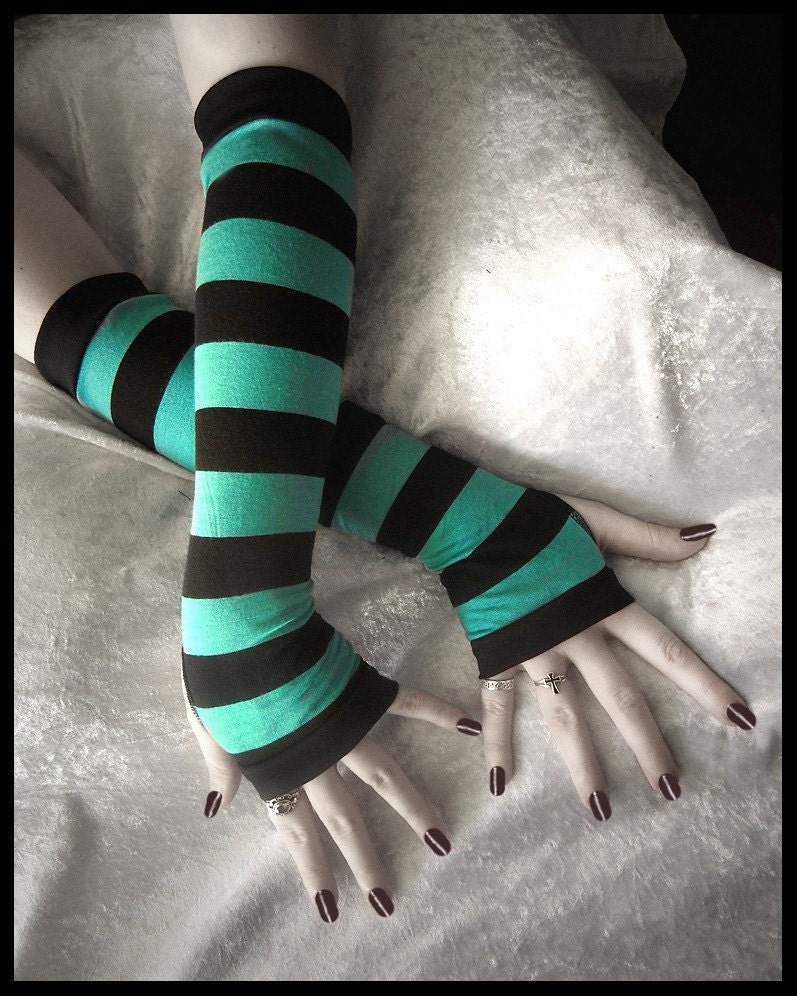 Rain's Embrace Arm Warmers - Teal & Black Stripes - Belly Dance Fusion Bellydance Classic Bohemian Yoga Cycling Gaia Emo Vampire Romantic